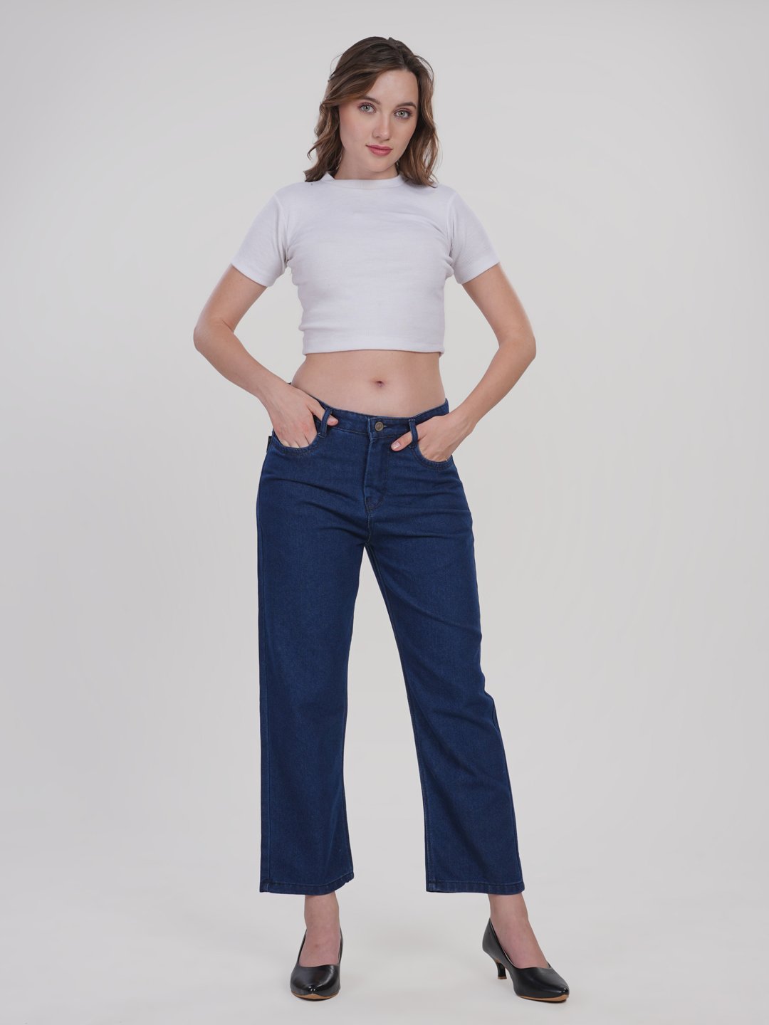 MM-21 Women Mom Fit Wide Leg Navy Blue Jeans-GA098