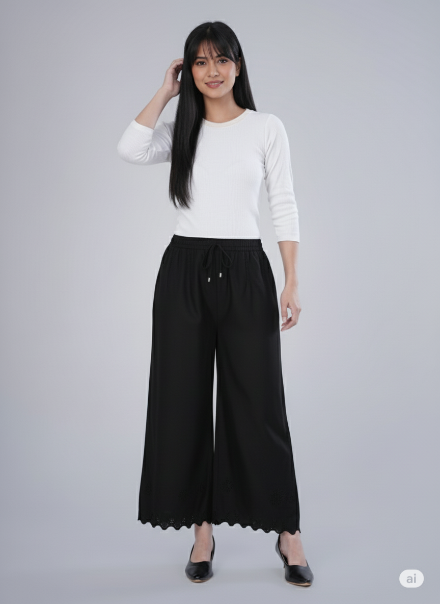 Women’s Black Solid Wide-Leg Palazzo Pants with Elastic Waist-GA096