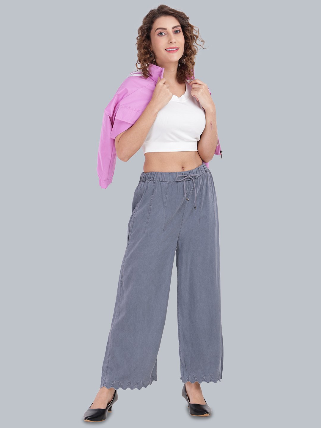 Women’s Grey Solid Wide-Leg Palazzo Pants with Elastic Waist-GA097