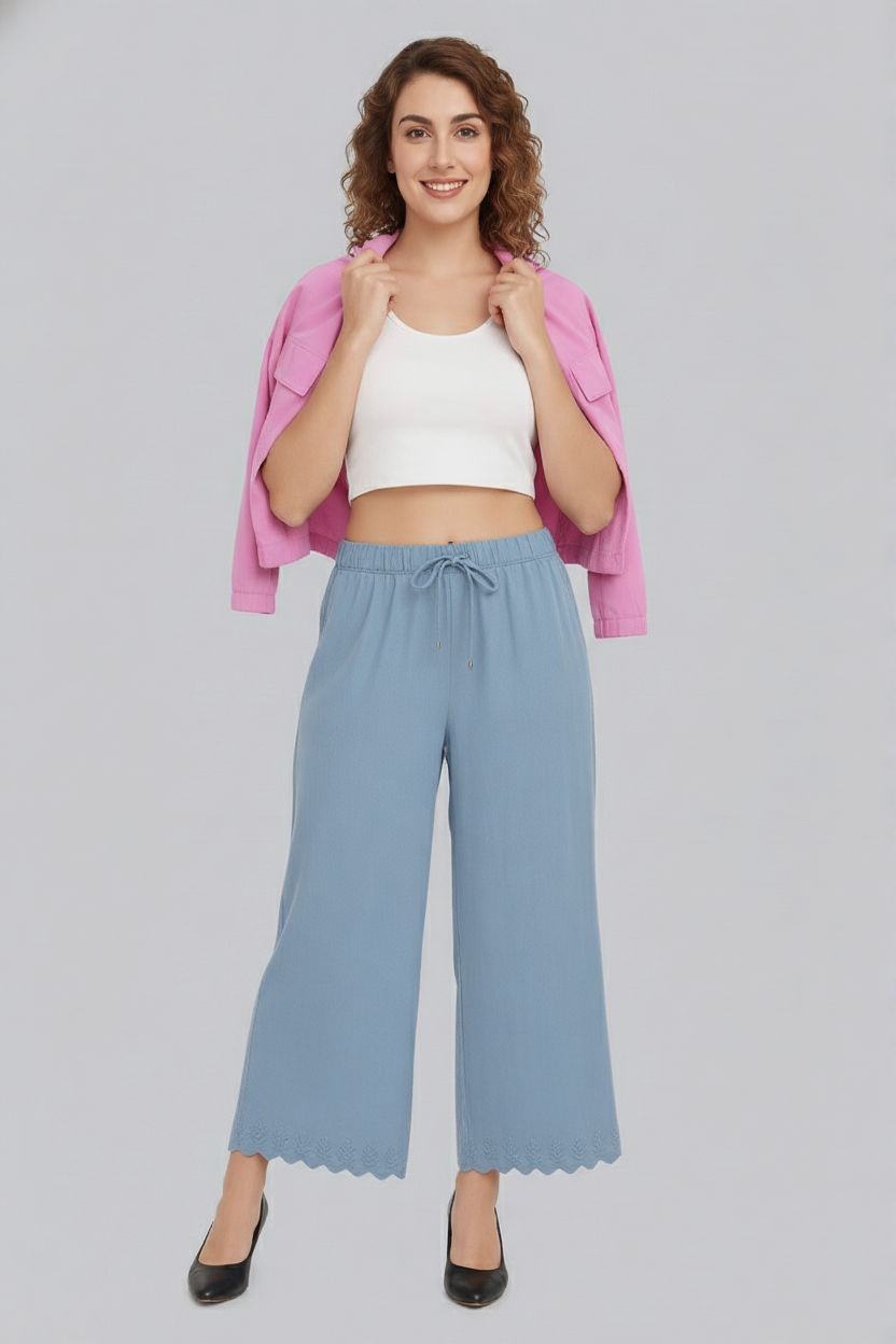 Women’s Light Blue Solid Wide-Leg Palazzo Pants with Elastic Waist-GA100