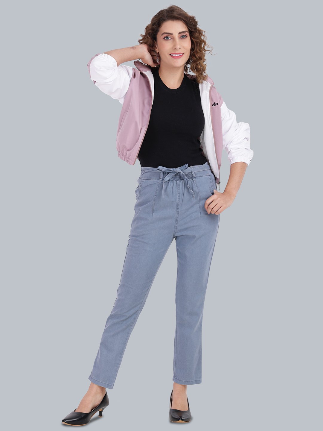 MM-21 Grey Women’s High-Rise Tie-Up Waist Straight Fit Denim Pants-GA105
