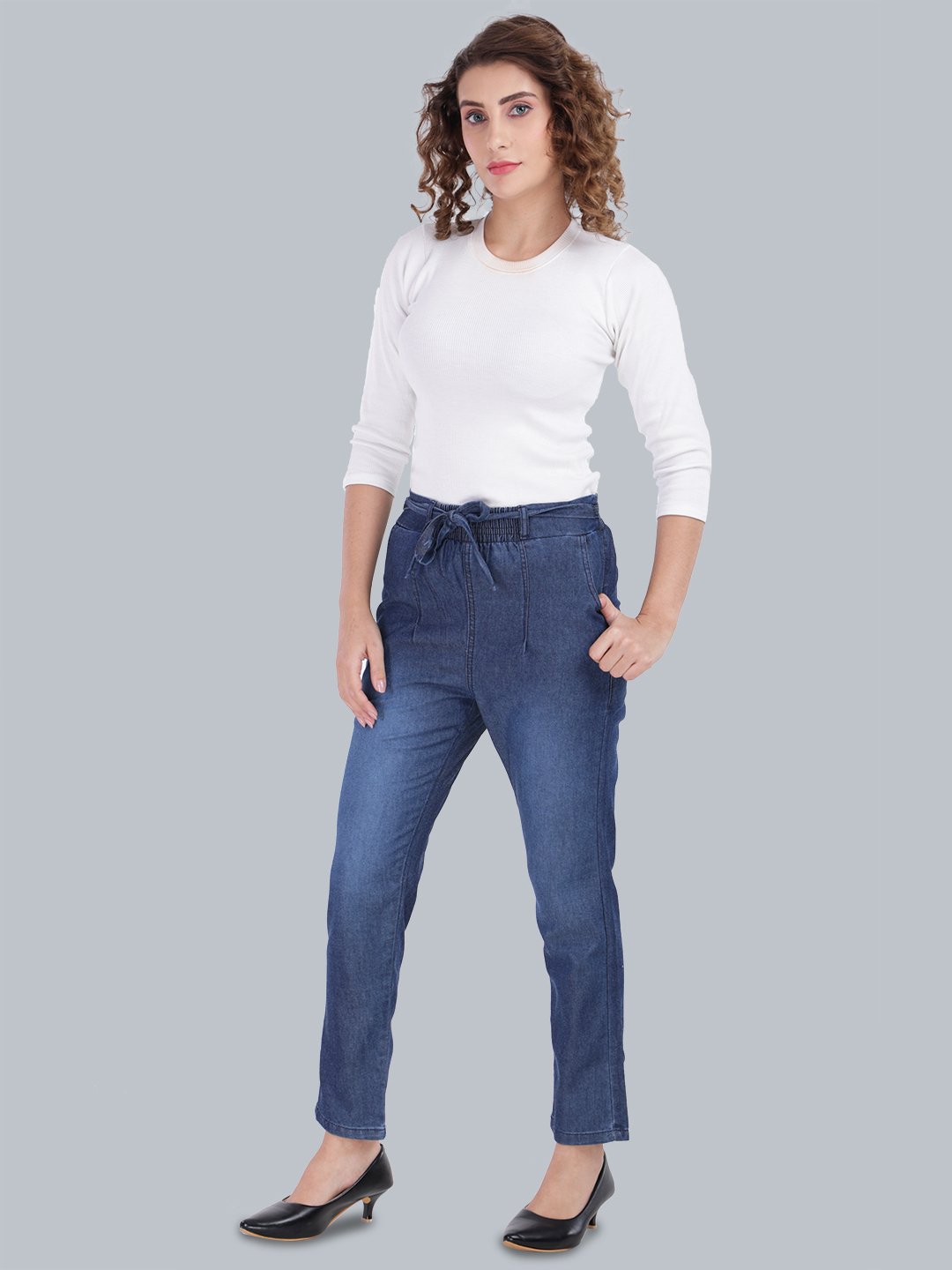 MM-21 Dx Blue Women’s High-Rise Tie-Up Waist Straight Fit Denim Pants-GA106