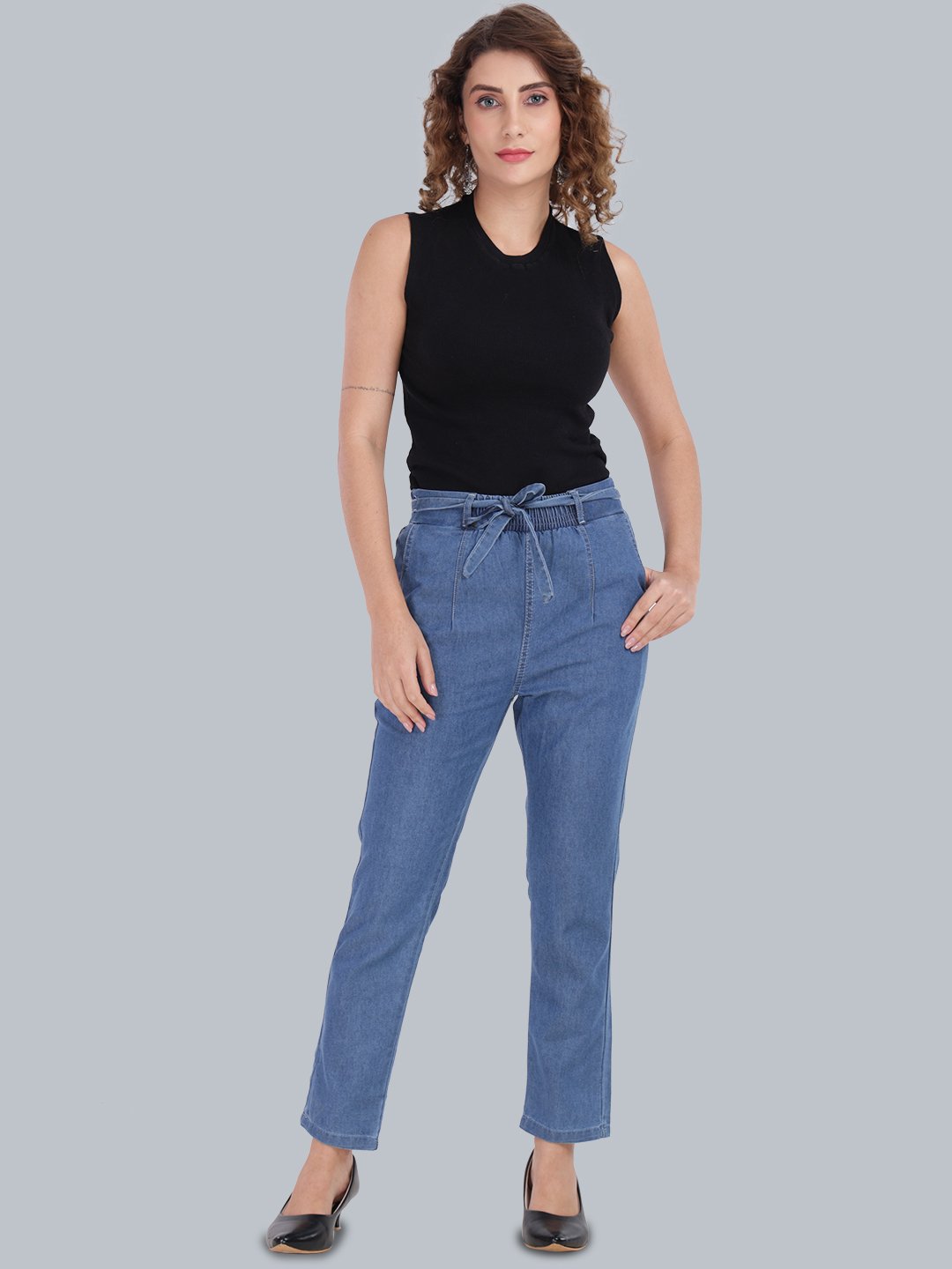 MM-21 Light Blue Women’s High-Rise Tie-Up Waist Straight Fit Denim Pants-GA107