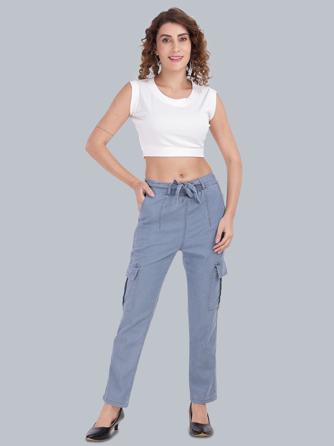 MM-21 Grey Women’s High-Rise Tie-Up Waist Cargo Denim Pants – Straight Fit-GA109