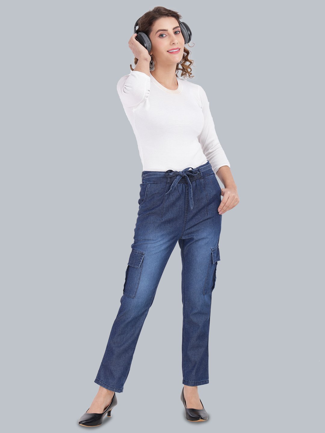 MM-21 Dx Blue Women’s High-Rise Tie-Up Waist Cargo Denim Pants – Straight Fit-GA110