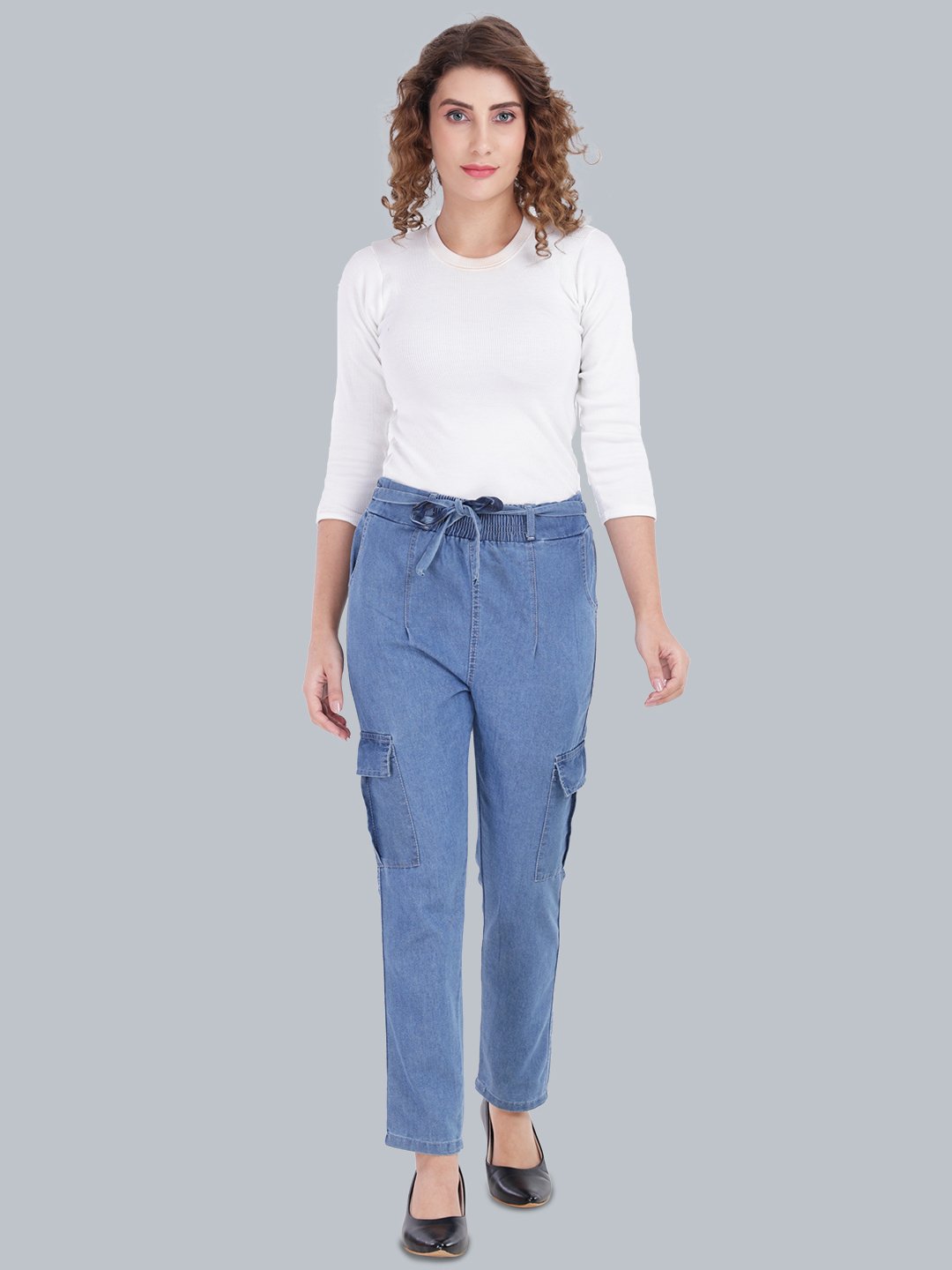 MM-21 Light Blue Women’s High-Rise Tie-Up Waist Cargo Denim Pants – Straight Fit-GA111