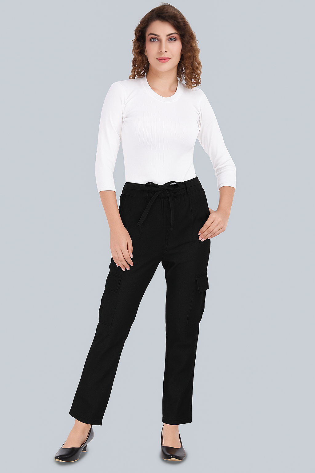 MM-21 Black Women’s High-Rise Tie-Up Waist Cargo Denim Pants – Straight Fit-GA112